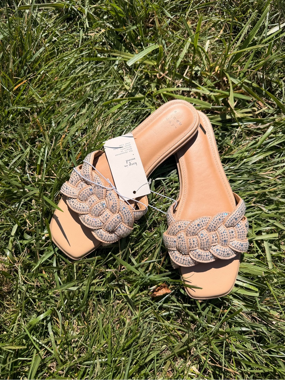 a new day Beige Braided Rhinestone Slide Sandals